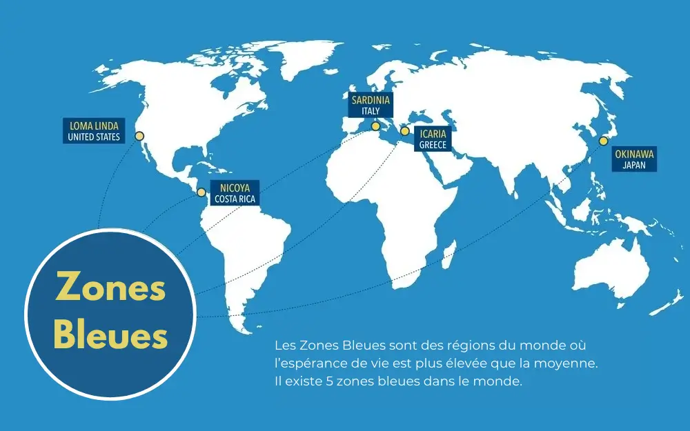 carte des zones bleues dans le monde pour vivre plus longtemps